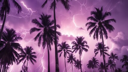  many dark palm trees with lightning and bright purple sky lights,