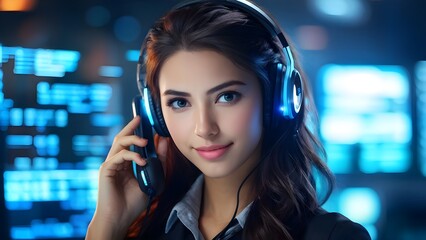 Smiling woman with headphones in tech office with blue light background. Generative AI