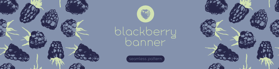 Vector floral banner template with abstract blackberry hand drawn illustrations. Black raspberries pattern seamless for packaging. Juice or jam label design. Black berry background.