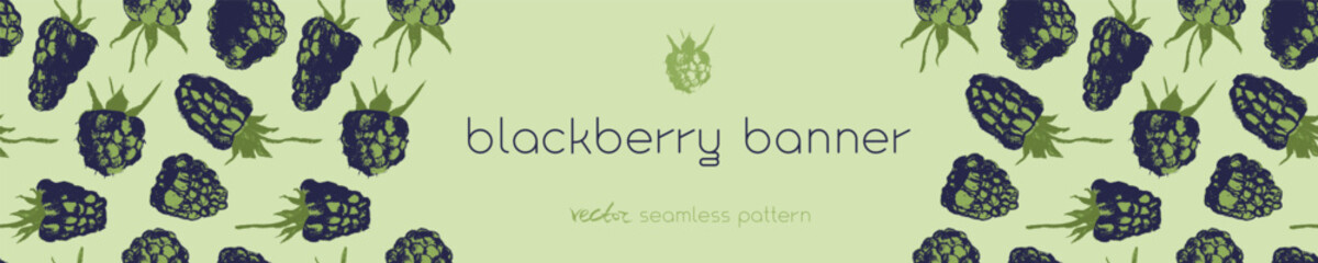 Vector floral banner template with abstract blackberry hand drawn illustrations. Black raspberries pattern seamless for packaging. Juice or jam label design. Black berry background.
