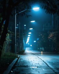 A dark street with a few street lights