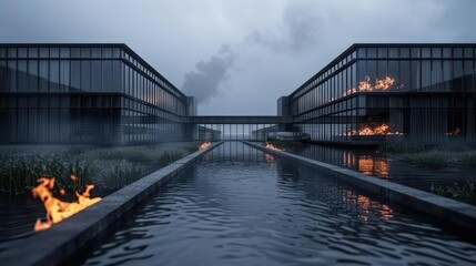 Fototapeta premium A conceptual business park features elementalthemed office buildings