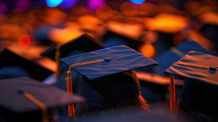 A row of black graduation caps with gold tassels