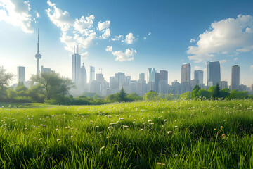 A beautiful meadow with lush greenery and flowers, with a city skyline of skyscrapers in the background, blending nature and urban life.
