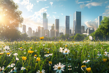 A beautiful meadow with lush greenery and flowers, with a city skyline of skyscrapers in the background, blending nature and urban life.