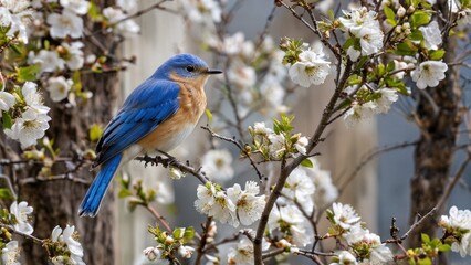 Obraz premium the blue bird is sitting on the branch outside the house while looking toward it that she had just visited her nest at first glance in the flowered up, then,