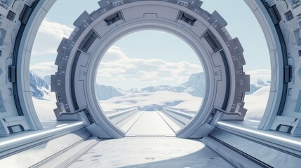 A conceptual shipping hub features portals and enchanted conveyor belts that transport goods through dimensional rifts