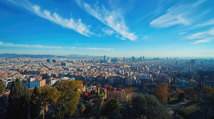 Obraz premium A cityscape during a sunny afternoon, with clear blue skies and shadows casting interesting patterns on the cityscape below.