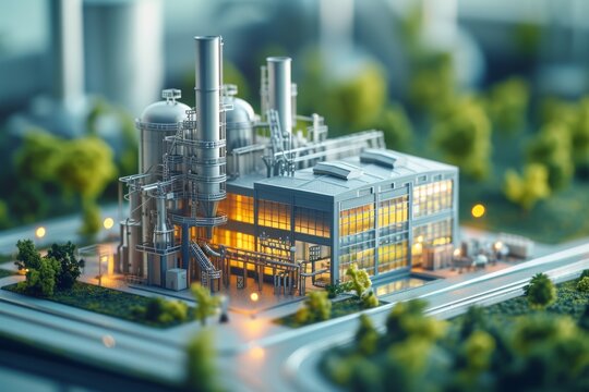 Building of facility design. Factory or manufacturing facility or plant, energy and resource delivery and collection see through model