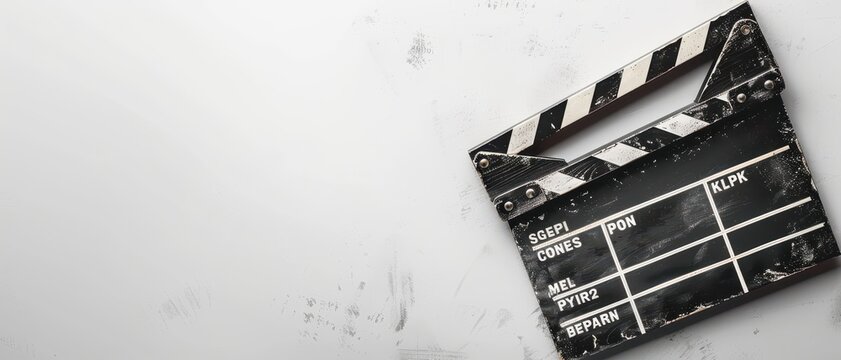 A black and white movie clapperboard sits on a white background