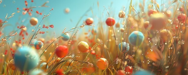 A field of colorful balls with a blue sky in the background