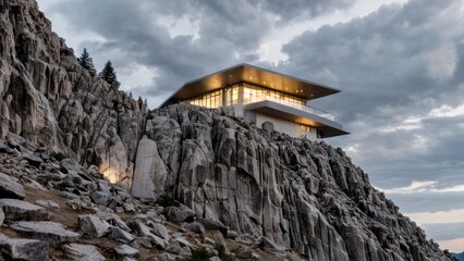  a building that is on the side of a rocky mountain,
