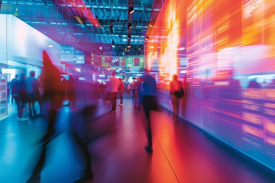 IT business convention, demonstration booth. Long exposure. Blurred human motion