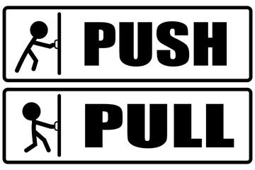Pull push door signs pictogram. Vector icon sticker design concept