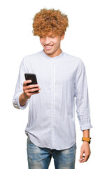 Young handsome man using smartphone with a happy face standing and smiling with a confident smile showing teeth