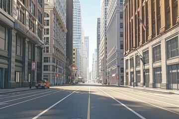 Obraz premium A realistic financial district street scene, no cars, no text, no logos, bright lighting, with ample blank space, room for cars to be added later, detailed buildings, modern architecture, clean sidewa