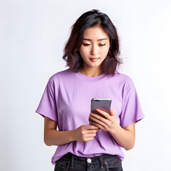 Fototapeta premium a beautiful asian woman hold a handphone on white isolated background