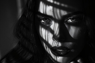 Black and white portrait of a beautiful woman with shadows on her face, high contrast, isolated on a black background, dramatic lighting, studio shot, copy space for text, in the style of.


