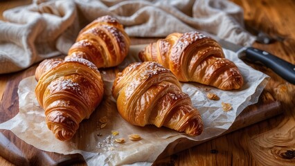 three croissants on a wooden cutting board
