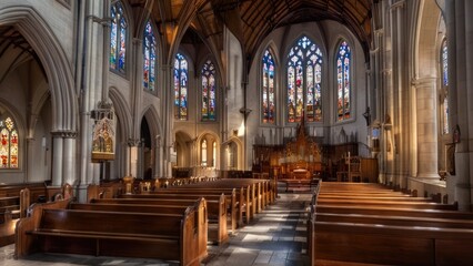 Obraz premium stained glass windows in an empty church with pews at the footlines that lead to heaven and an organ in between it with its long thin columns and open arms,