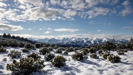  a plain with bushes and snow in the fore ground as mountains stand behind them below snow on a partly cloudy sky surface's edge under a blue sky, above,