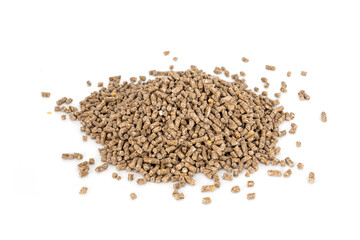 Poultry Feed for animal (Chicken). Food for adult laying hens. Pellet feed pile isolated on white background.