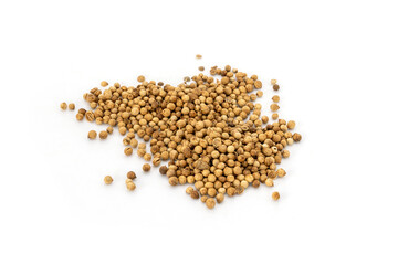 Raw materials and herbs for spices. pile of dried coriander seeds isolated on white background.