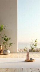 Fototapeta premium blank mock up, wellness at work theme, empty yoga mat, serene office background, calm and inviting