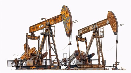 High-definition 32k UHD photo of pumpjacks, isolated on white, captured with focus stacking to provide exceptional detail and clarity