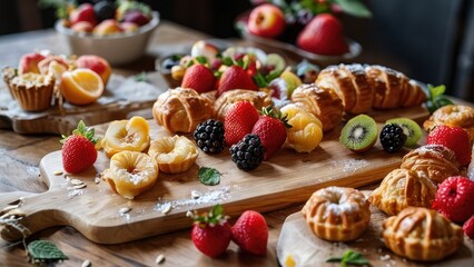 Obraz premium a wooden cutting board topped with fruit and pastries