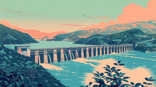 Risograph riso print travel poster, card, wallpaper banner illustration, modern, clear, simple of Three Gorges Dam, Hubei, China. Artistic, landmark printing, stencil backdrop background