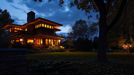Fototapeta premium Backside Exterior of Illuminated Prairie Style House at Night Showcasing Unique Architectural Design