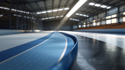 an indoor track, with a blue tail wing, ultra clear 8k, photographed at a 45 &Acirc;&deg; angle on the left front 