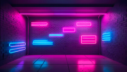 Futuristic Synthwave -Neon Lights on Weathered Brick Wall ,Club or  Bar– Art, Wallpaper, and Photography Background