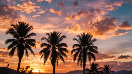 Obraz premium a couple of palm trees in front of a sunset
