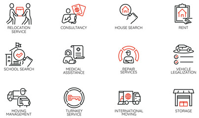Vector Set of Linear Icons Related to relocation process, accompanying support and emigration. Mono line pictograms and infographics design elements