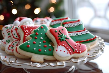 A plate of Christmas cookies with a tree and a pair of red and white shoes. The cookies are decorated with green icing and red icing