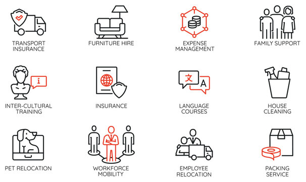 Vector Set of Linear Icons Related to relocation process, accompanying support and emigration. Mono line pictograms and infographics design elements - part 2