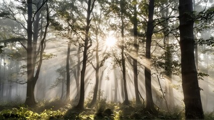  trees are shown on a misty forest with the sun shining through them,