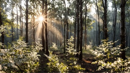 Obraz premium the trees are shining behind them in the forest,