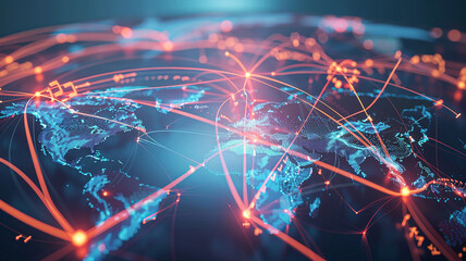 Abstract map of supply chain network, global transportation routes, distribution hubs, tech-inspired background