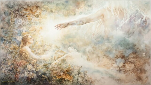 Watercolor painting of a stunning scene depicting the creation of the first humans by God, with a vibrant Eden backdrop. Divine creation, biblical scene, spiritual artwork, inspirational concept.