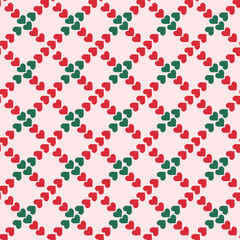 Heart ribbon repeat pattern isolated on background.Seamless pattern with red and green hearts.Graphic vector illustration.