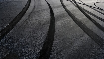 A close up of a road with numerous tracks on it, surrounded by a variety of elements such as grass, wood, and metal. The landscape includes asphalt and automotive tires