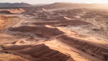 Fototapeta premium an aerial shot taken in red desert with rocky slope formations and sand dunes,