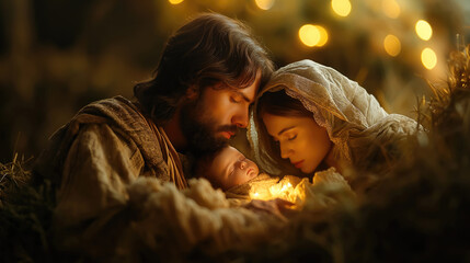 Nativity scene with a bearded man, a woman in a headscarf, and a newborn baby under warm lights. Christmas, Nativity, religious holiday, family, warmth, love, peace, spirituality, tradition concept.