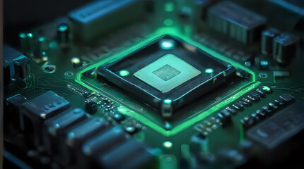 a close up of a computer motherboard with a green light