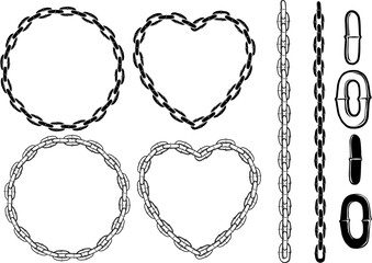Set of chain vector illustration. Border, round, circle, love black and white isolated 