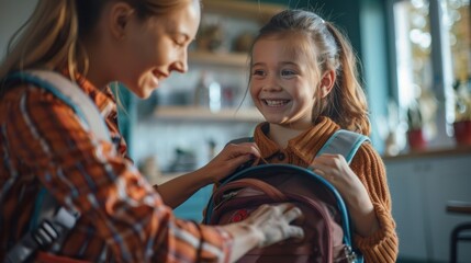 A cheerful young girl smiles as a helpful woman aids her in opening her backpack The girl excitement is palpable, reflecting the supportive and loving environment The scene takes place in a welcoming