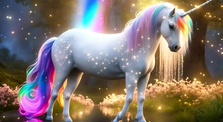 Enchanting unicorn with rainbow mane and tail in a magical forest. Mystical unicorn with colorful mane standing in a fairy-tale forest